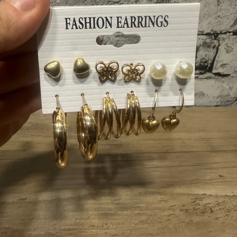 NWT Fashion Earrings Full Set (3 Studs, 2 Small Hoops, 1 Dangle Heart)